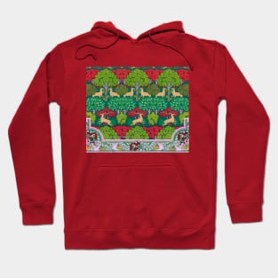 Deer and Trees,Squirrel,Doves and Rowan Red Green Art Nouveau Floral Hoodie